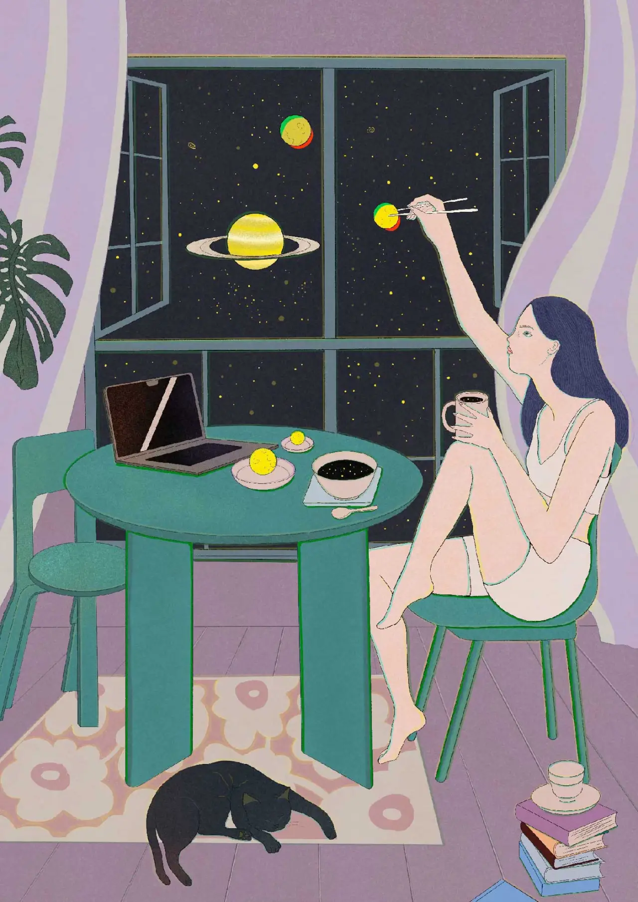 Woman sitting at a turquoise table by a window, reaching toward planets and stars in the night sky while holding a coffee cup, with a laptop and potted plant nearby
