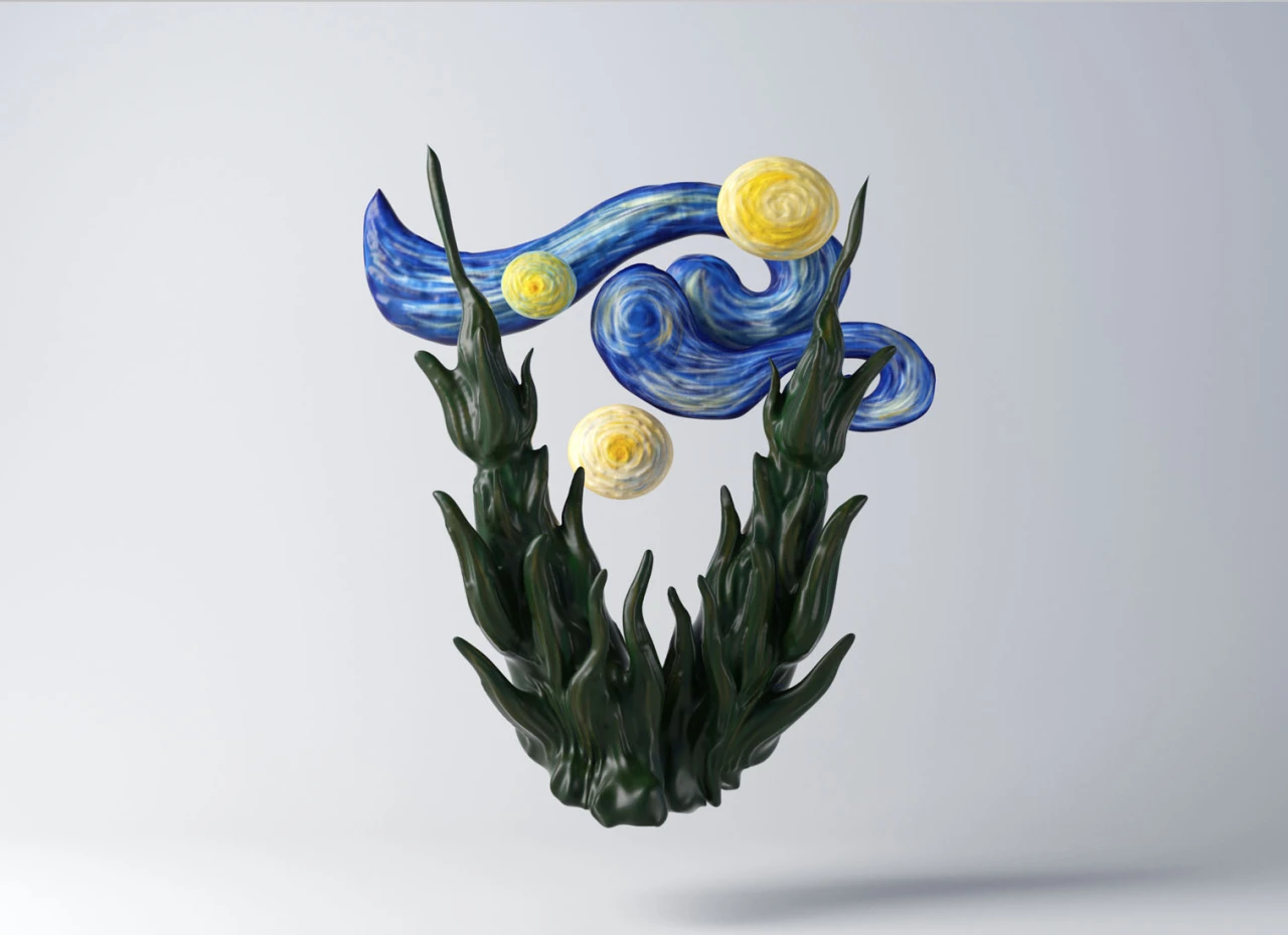 Swirling blue and yellow forms inspired by Van Gogh's Starry Night compose the letter V, with dark green plant stems beneath