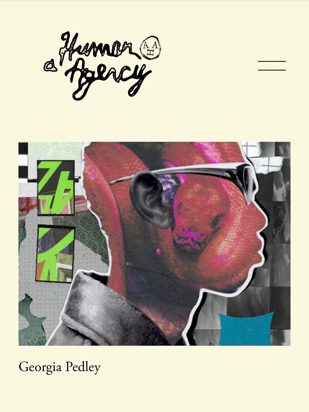 Collage showing a profile silhouette with neon pink and magenta paint splatters, sunglasses, and bright green geometric shapes overlaid on a cream background, representing A Human Agency's visual identity redesign by Davy Denduyver