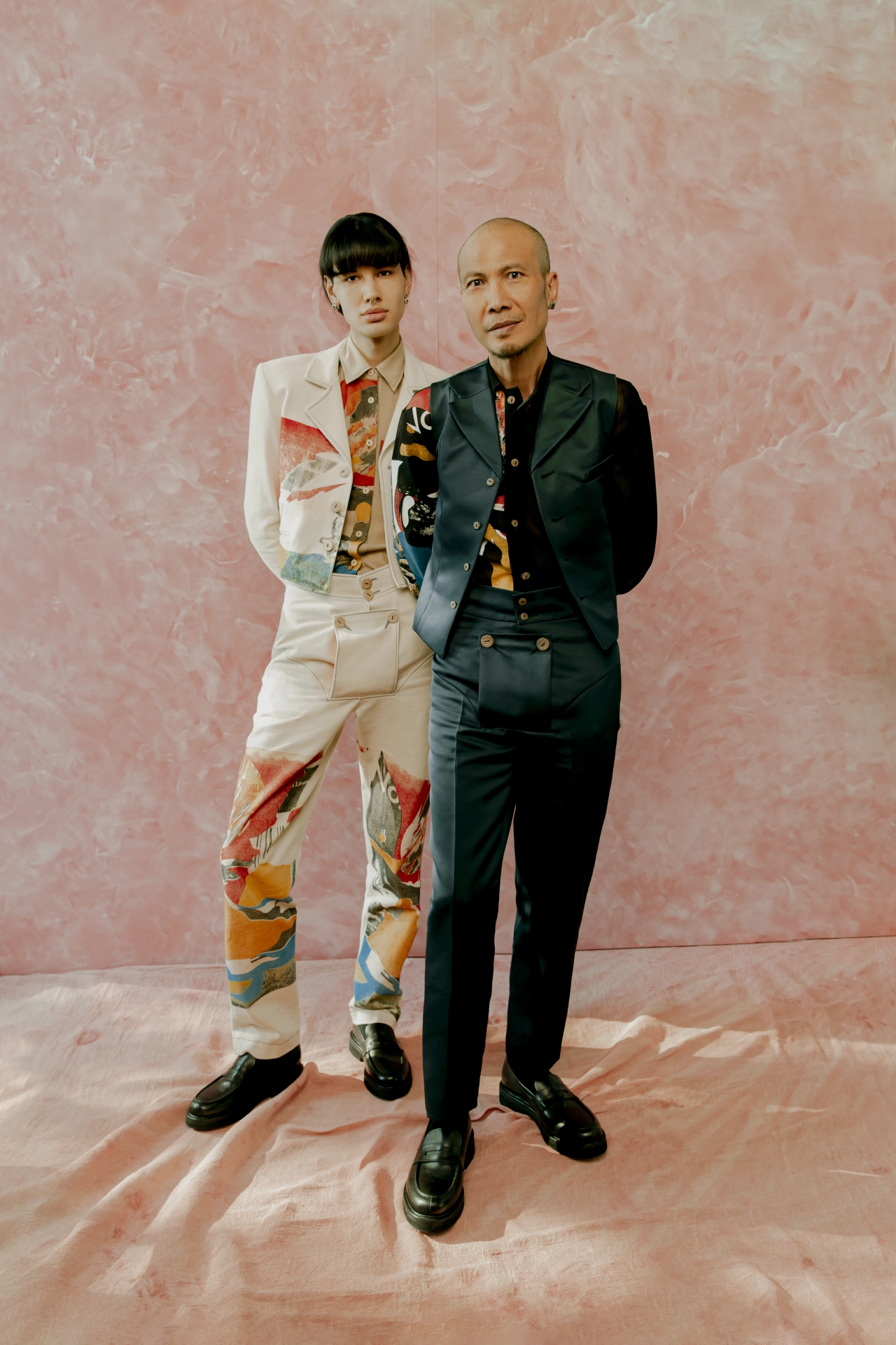 LookBook image from All Our Stories LookBook Shoot. Featuring the sun and wind printed three-piece skeleton suit in the exhibition. Photography by Christina Ebenezer. SS22