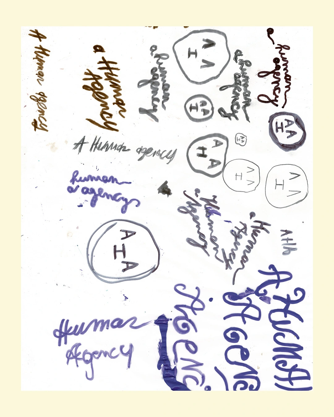 Sketched page showing handwritten text, circular shapes with H and arrow symbols, and various words including "Human Agency" in different handwriting styles and ink colours