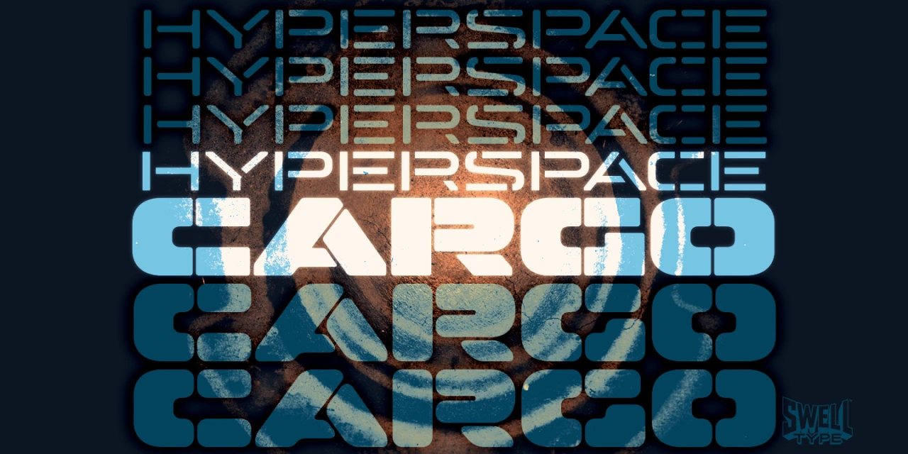 Stacked blue text reading "Hyperspace" and "Cargo" with overlapping geometric shapes creating a mirrored effect against a dark background