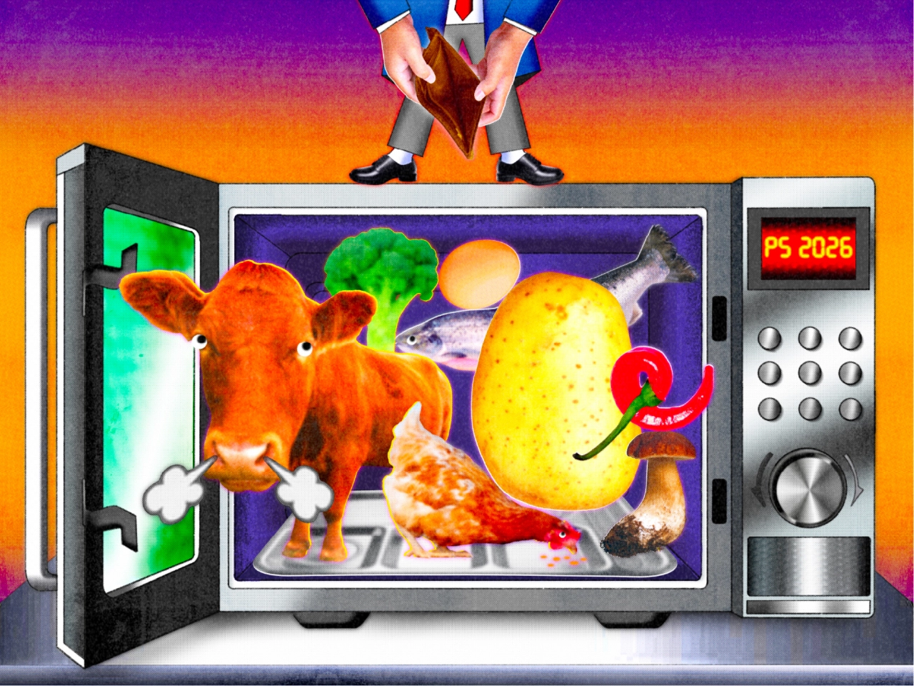 A retro television set displaying surreal imagery of a cow, fish, giant yellow potato and red chilli pepper, with a businessman's legs visible above the screen against a purple and orange gradient background