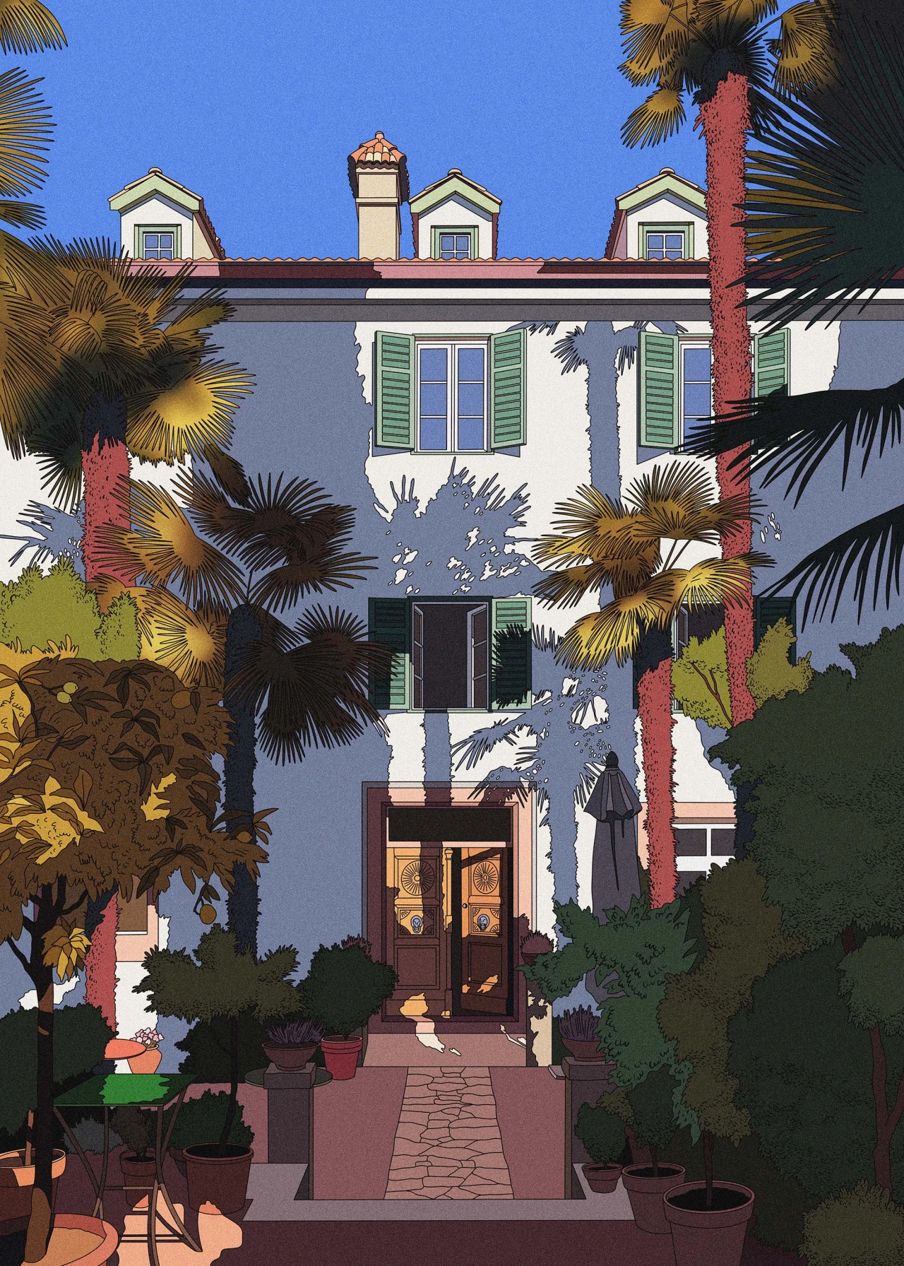 Illustration of a multi-storey residential building with white and grey facade, green shutters and dormer windows, surrounded by palm trees with red trunks and potted plants along a pathway