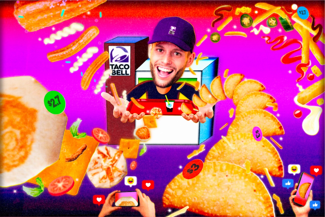 A smiling man in a Taco Bell cap surrounded by vibrant illustrations of tacos, crispy shells and colourful sauce drops against a hot pink and purple background