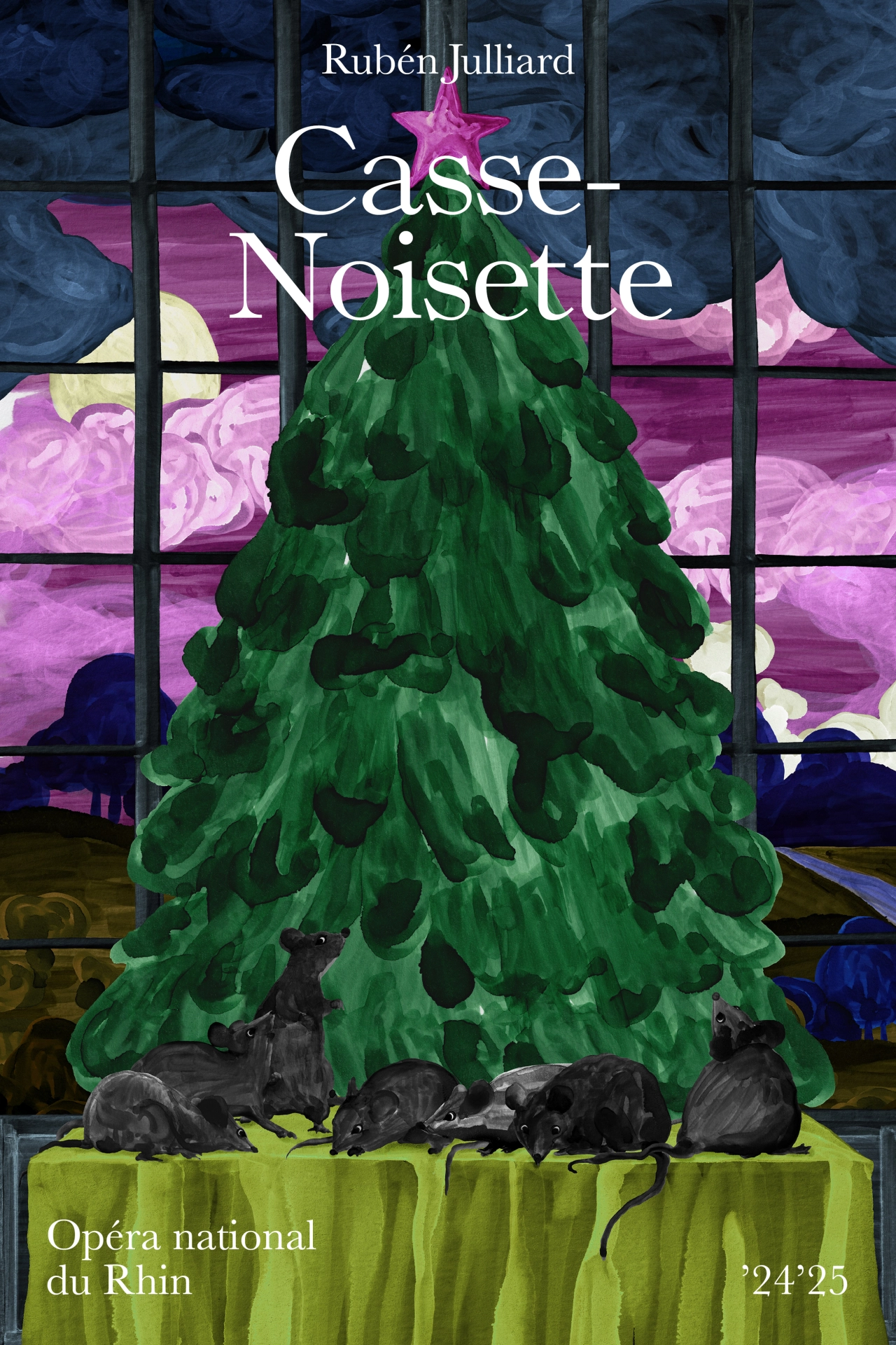Illustrated poster for Casse-Noisette by Rubén Julliard at Opéra national du Rhin, featuring a green Christmas tree with black ornaments and rats at its base against a purple window background