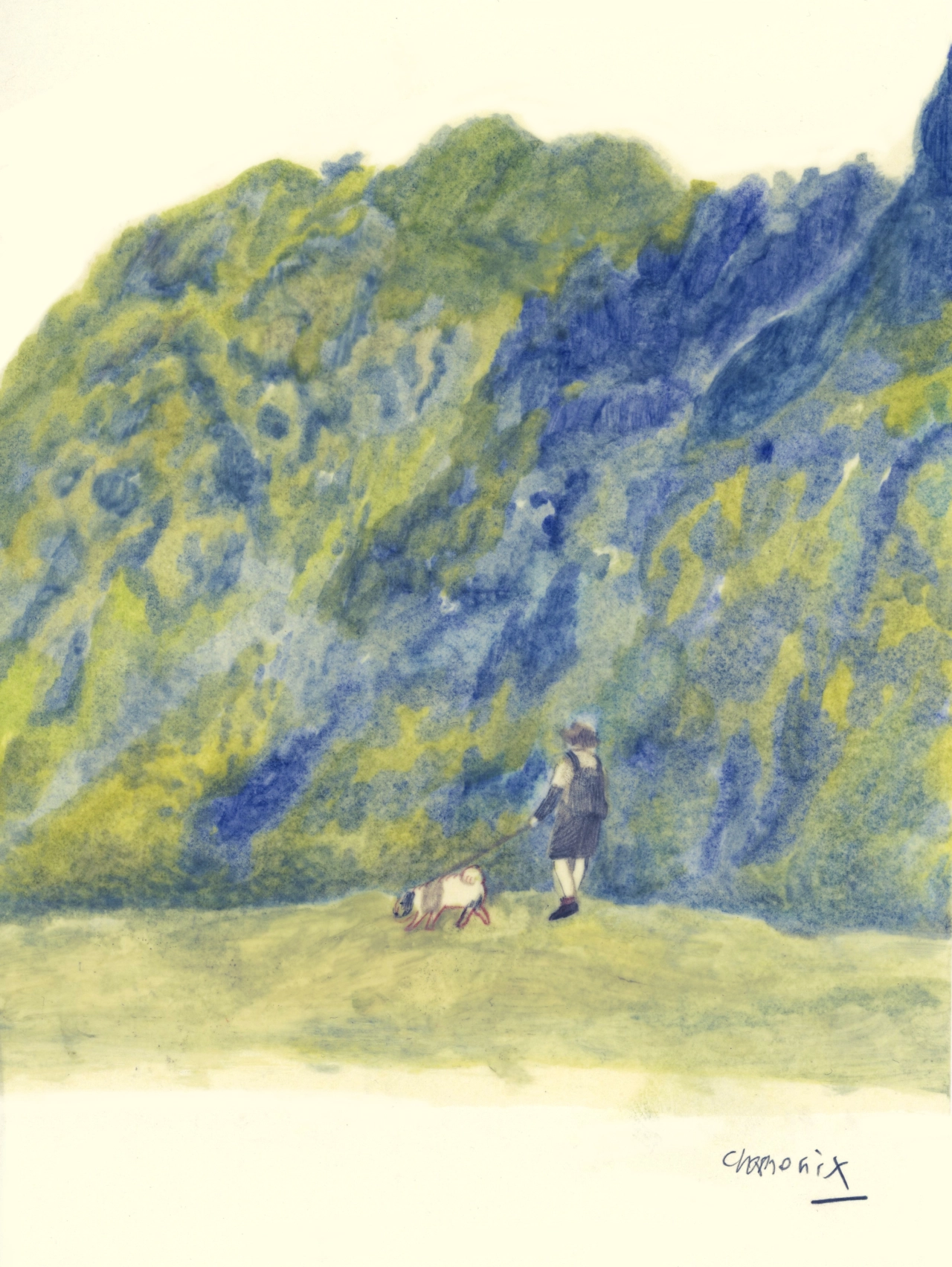 A figure with a dog stand on a pale green field before towering cliffs rendered in soft yellows and blues in this watercolour illustration