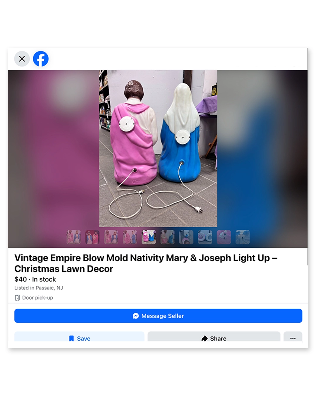 Two figures in pink and blue hooded jackets viewed from behind, wearing white rabbit ear headpieces with glowing orbs, sitting on a tiled floor with electrical cords, from a Facebook Marketplace listing for vintage nativity lawn decorations