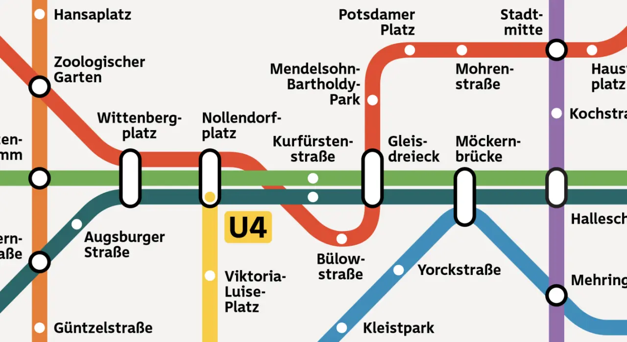 Berlin U-Bahn transit map showing coloured lines with station names including Hansaplatz, Potsdamer Platz and Hauptbahnhof