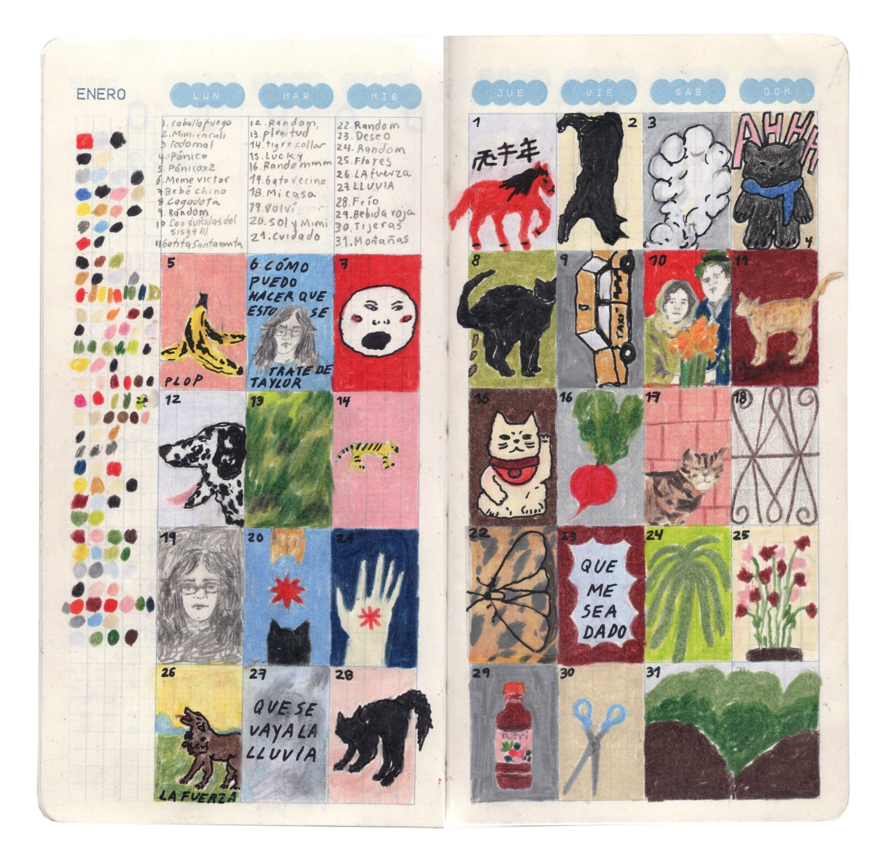 Two pages from a daily drawing journal featuring numbered thumbnail sketches with colourful drawings, text in Spanish, and a colour palette swatch on the left page
