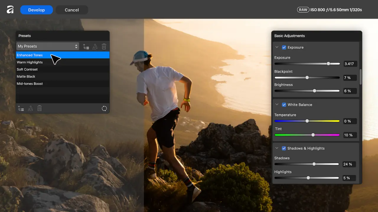 Affinity Photo's RAW editing interface showing adjustment panels for exposure, contrast, and colour balance alongside a photograph of a runner on a hillside at sunset