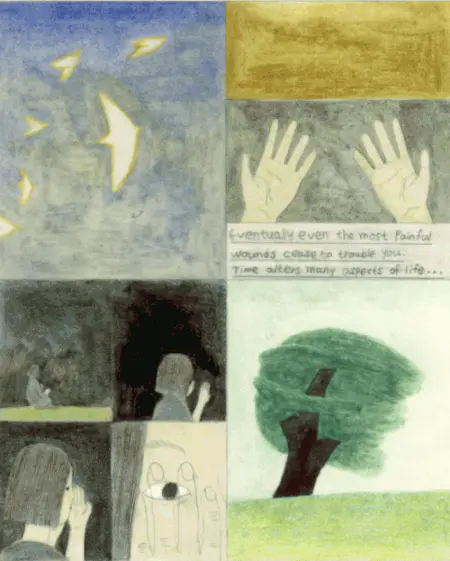 Grid of four illustrations by Simji Park featuring pale hands, yellow birds in blue sky, a figure in darkness and a green tree with brown trunk