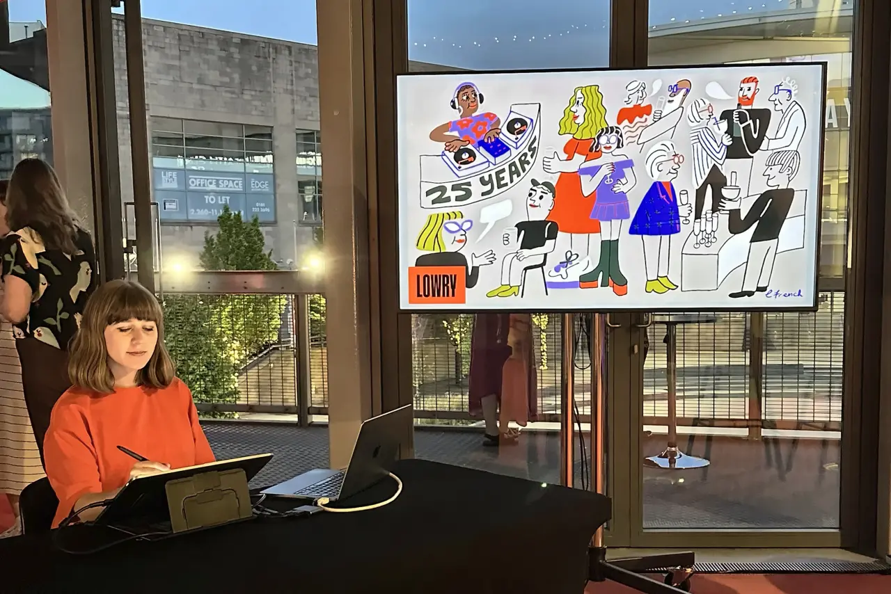 Louise French draws live illustrations on stage for an audience during a Creative Boom event at the Lowry in Manchester