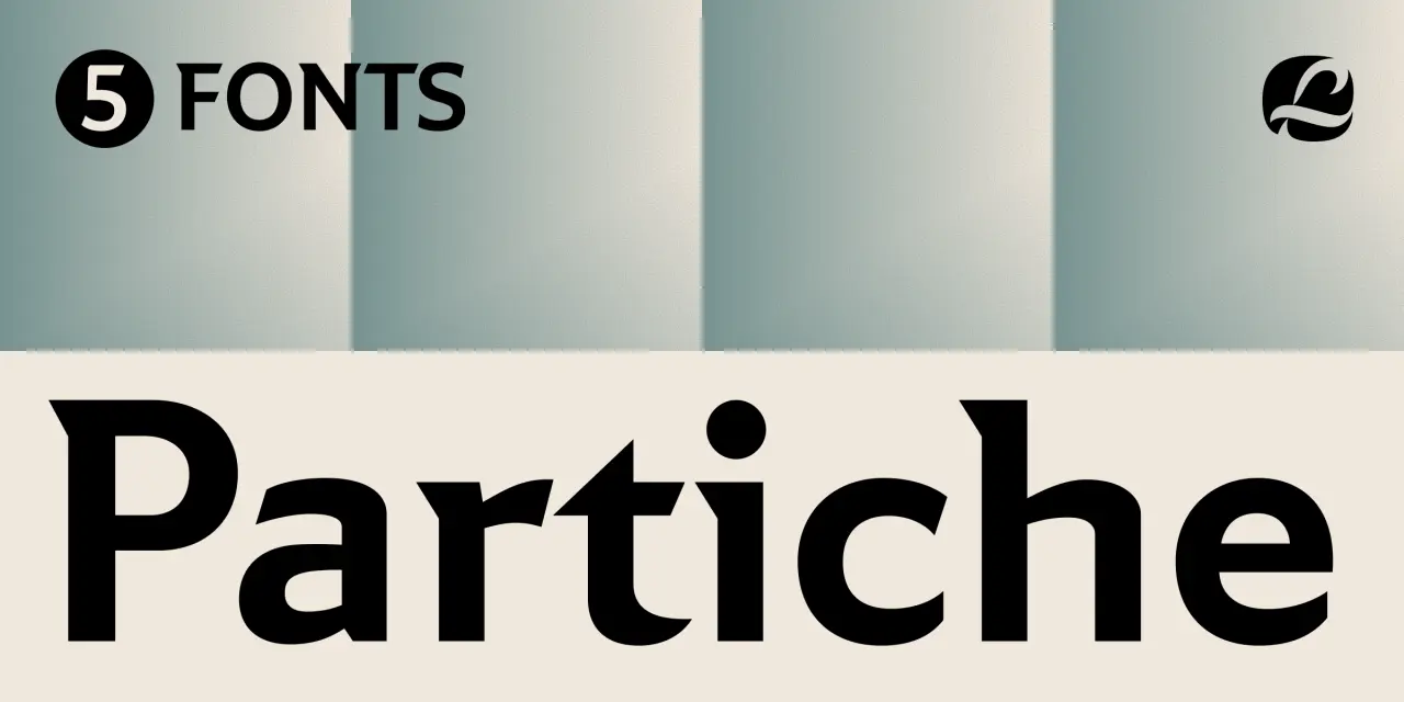 Partiche typeface displayed in bold black letters against a neutral background with colour swatches above