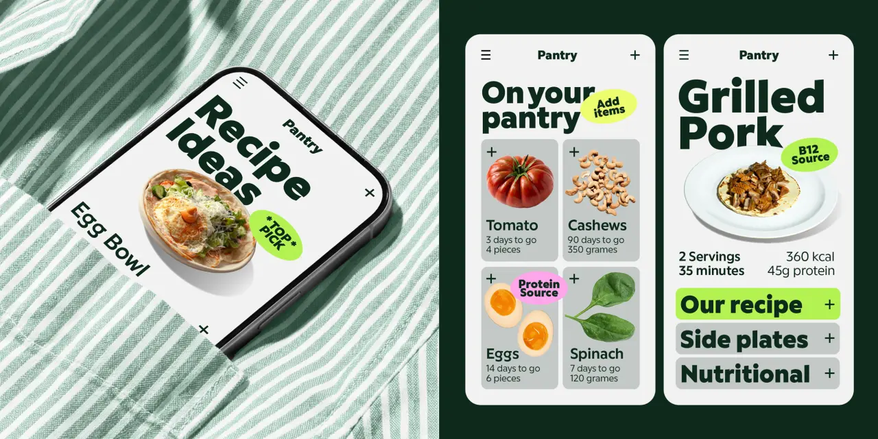 Phone displaying a recipe app with egg bowl recipe card on left and grilled pork recipe cards showing ingredients and nutritional information on right screens