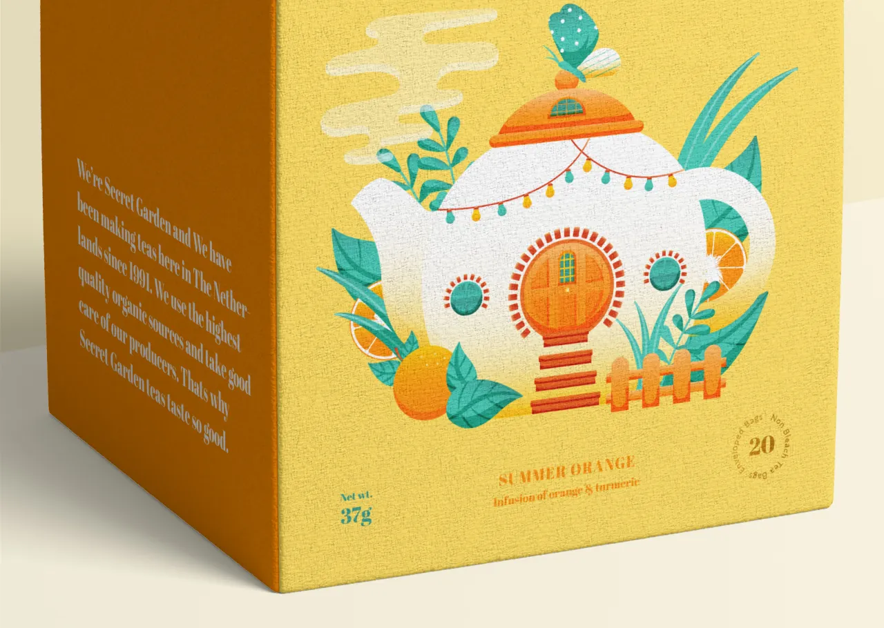 Yellow tea packaging box for Secret Garden's Summer Orange blend, featuring an illustrated teapot-shaped house surrounded by botanical elements and decorative details by Noa Maller