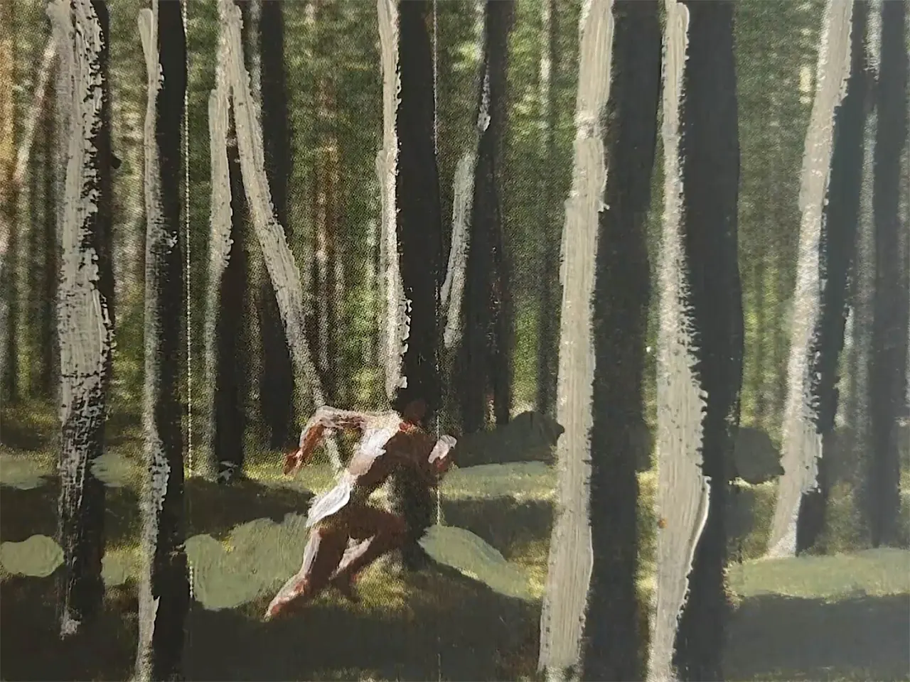 A figure runs through a dense forest of tall birch trees with white-painted trunks in a hand-painted rotoscope animation frame