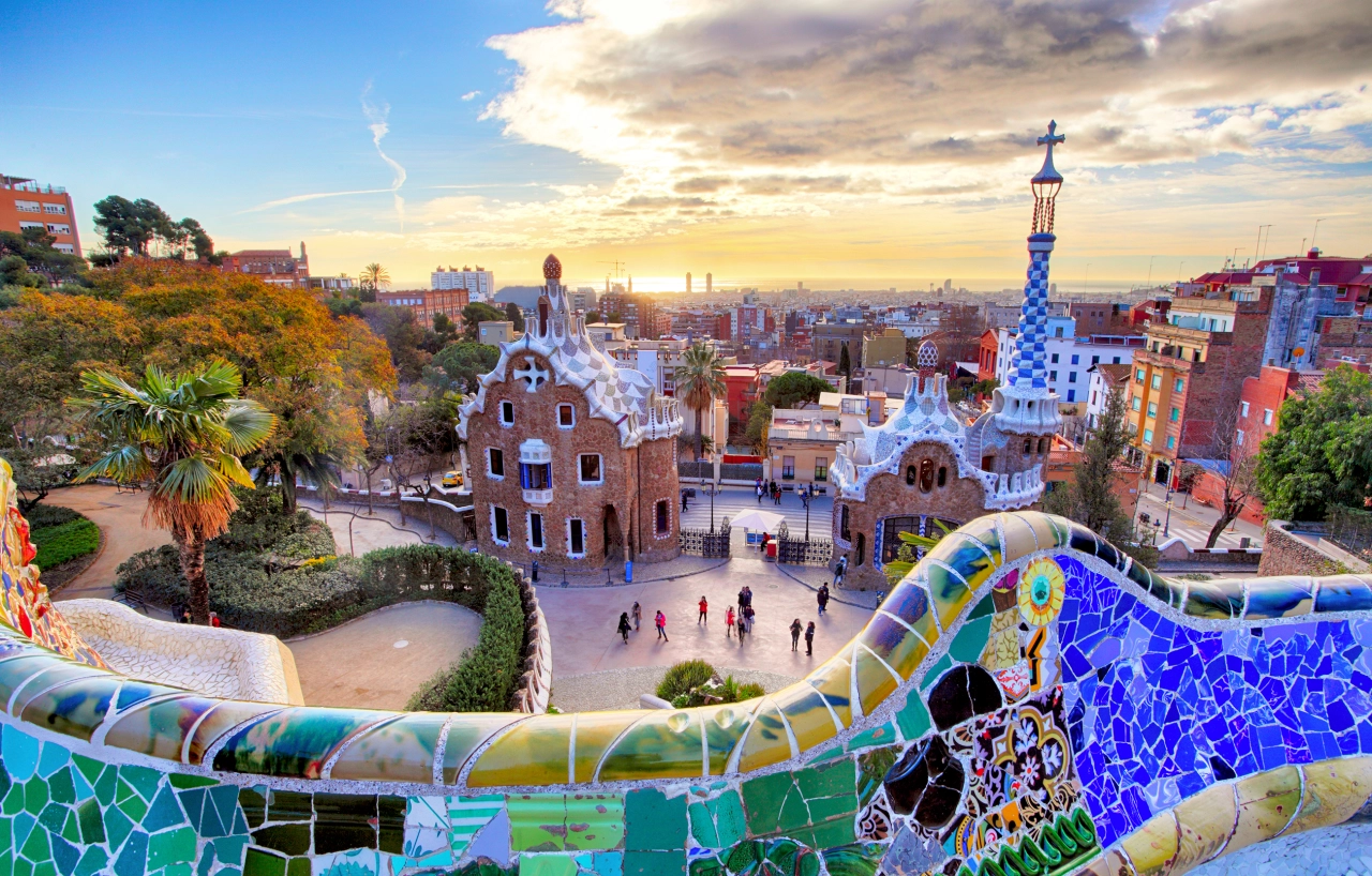 Park Guell, Barcelona at sunset. Image licensed via Shutterstock