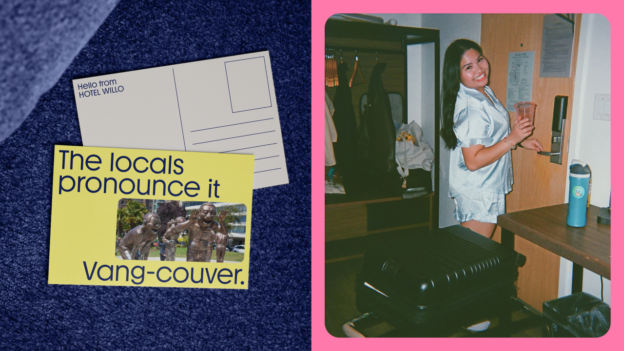 Postcard with "The locals pronounce it vang-couver" text and a photograph of a woman in a light blue shirt standing in a hotel room doorway