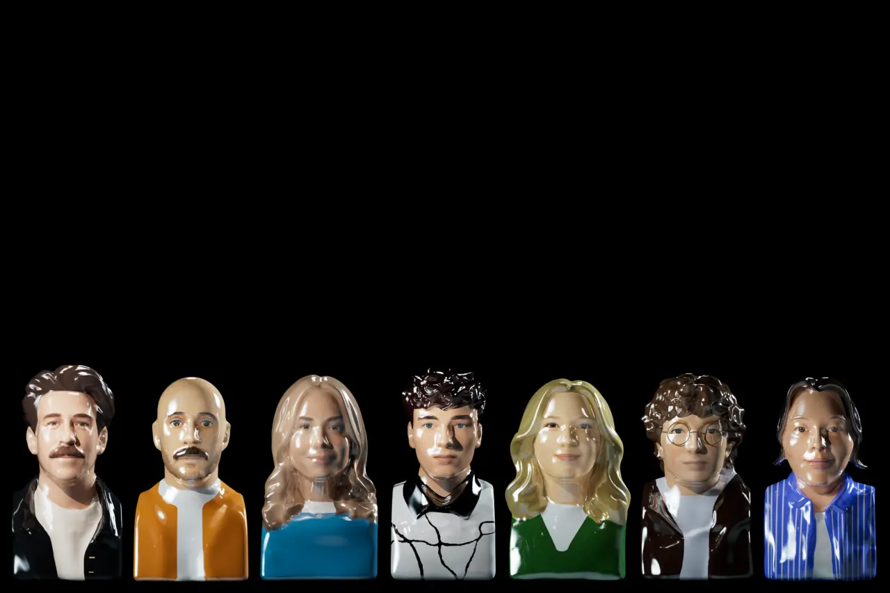 Seven members of Studio Kiln's team portrayed as illustrated character heads against a black background
