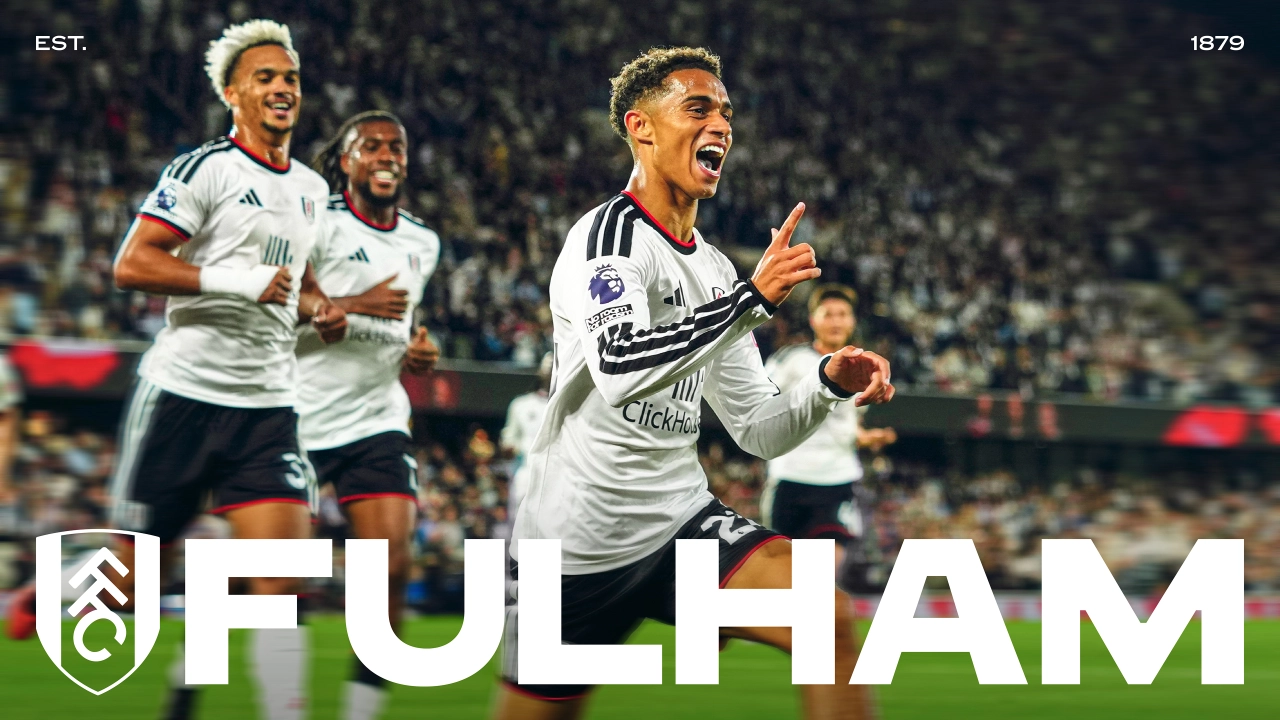 Fulham FC players in white kit celebrating during a match at a packed stadium, with the club crest and "FULHAM" text overlaid