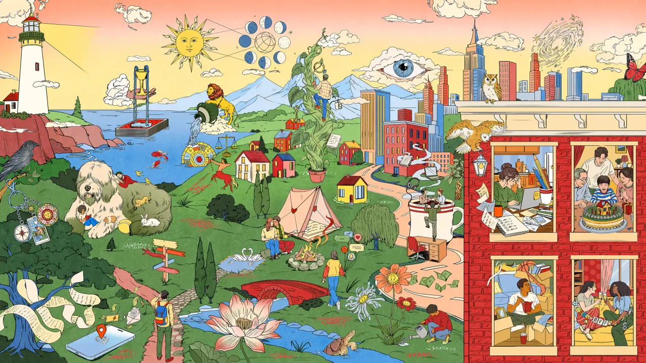 Vibrant folk-art illustration by María Jesús Contreras showing a busy landscape with people, buildings, nature and symbolic imagery representing clarity and human connection for the Keen rebrand