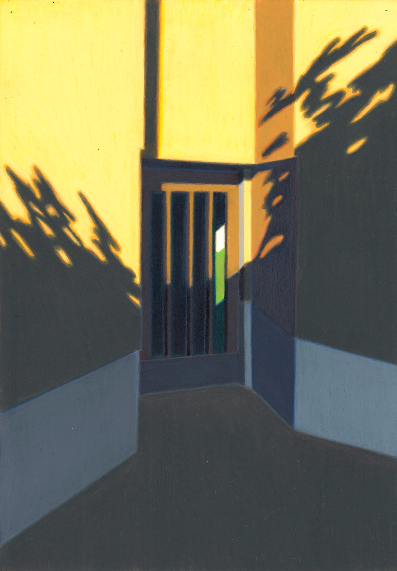 A narrow alleyway with yellow walls and deep shadows cast by palm fronds, featuring a dark wooden door with vertical slats and white lower walls