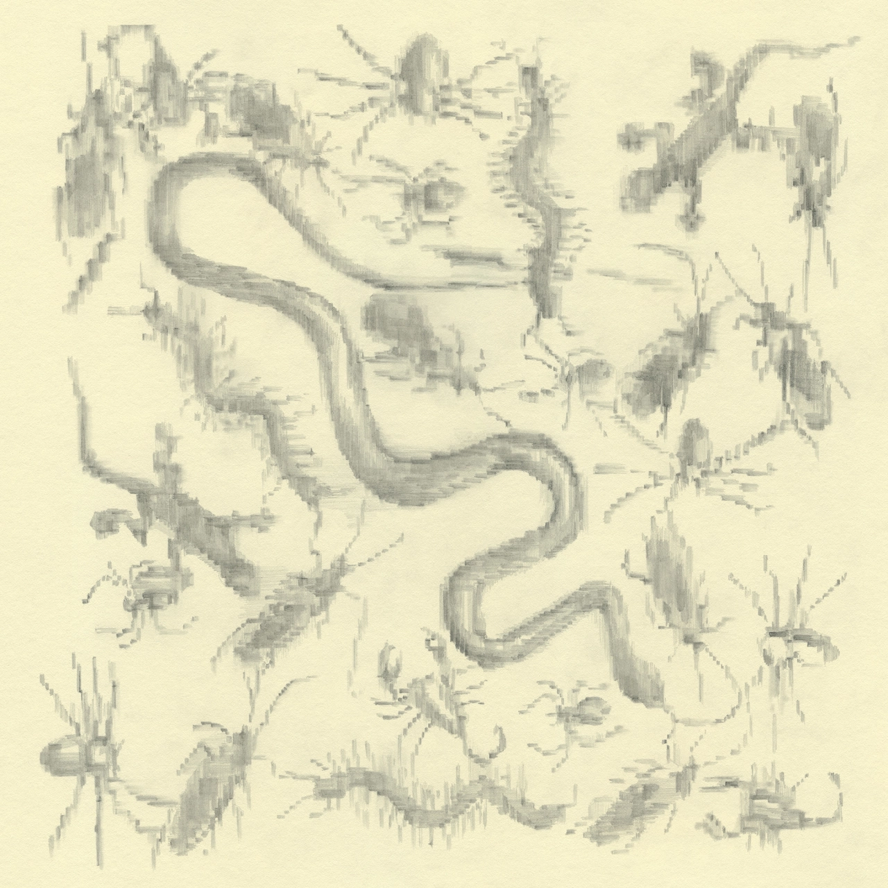 Pencil sketch of snakes and insects arranged across a cream-coloured page in a naturalistic composition style