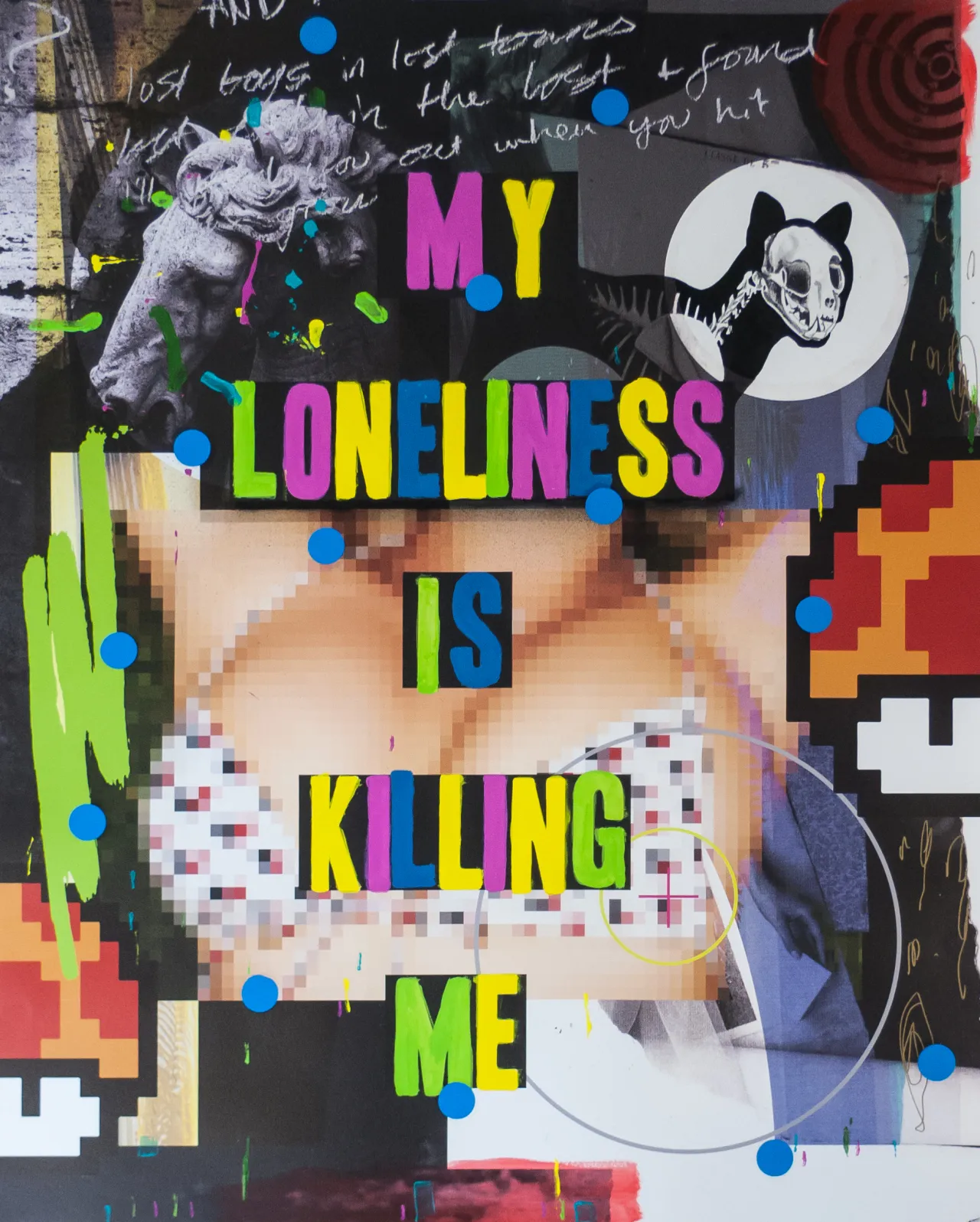 MY LONELINESS IS KILLING ME, Digital print, acrylic, marker, spraypaint, vinyl, graphite & india ink on cold press watercolour paper, 150x120cm, 2015 © Stuart Semple