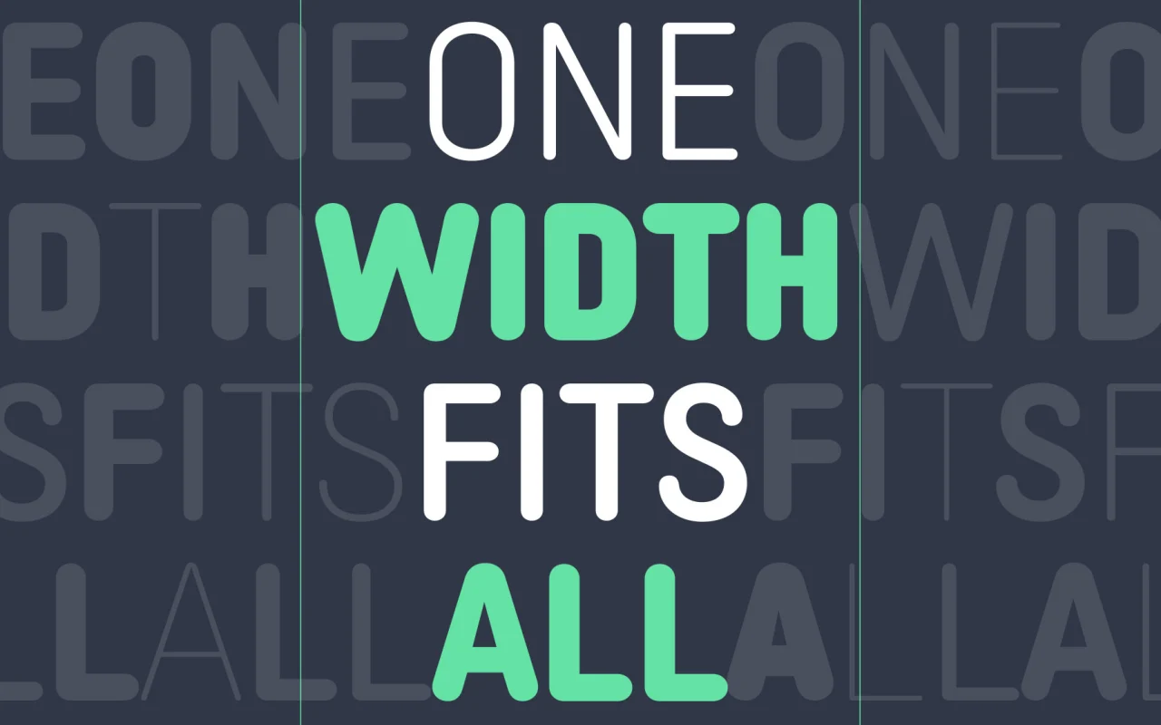 Twista Sans typeface specimen displaying "ONE WIDTH FITS ALL" in green and white text on a dark background with repeated letterforms