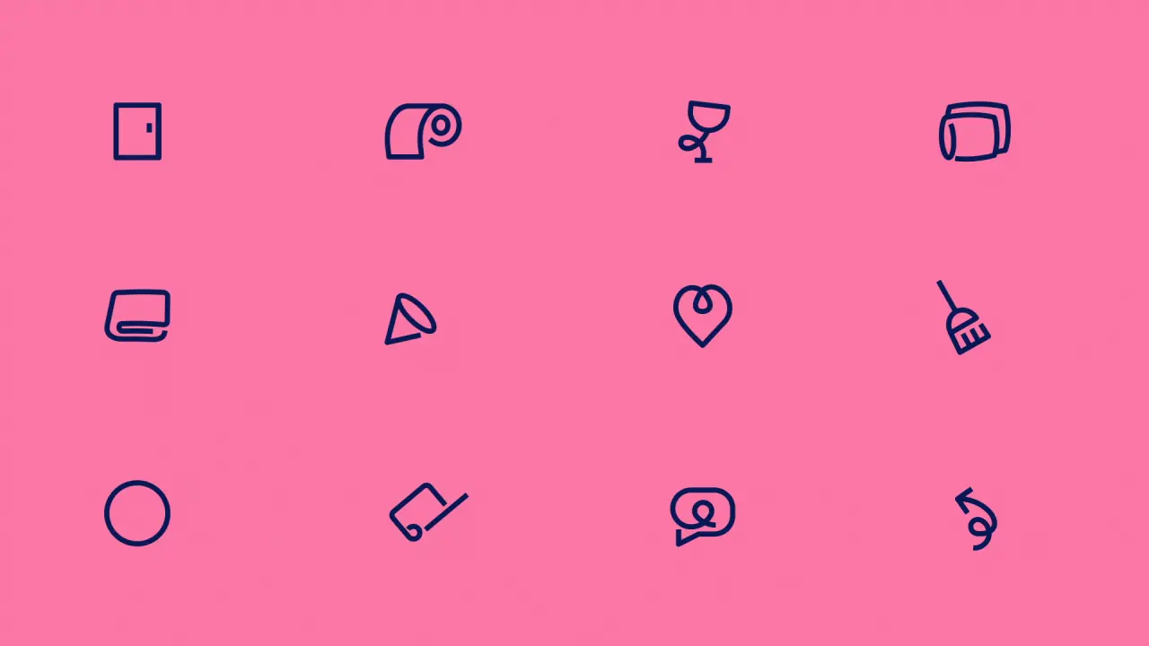 Set of twelve outline icons in navy on pink background including document, profile, cocktail glass, camera, laptop, location pin, chat bubble and dollar sign