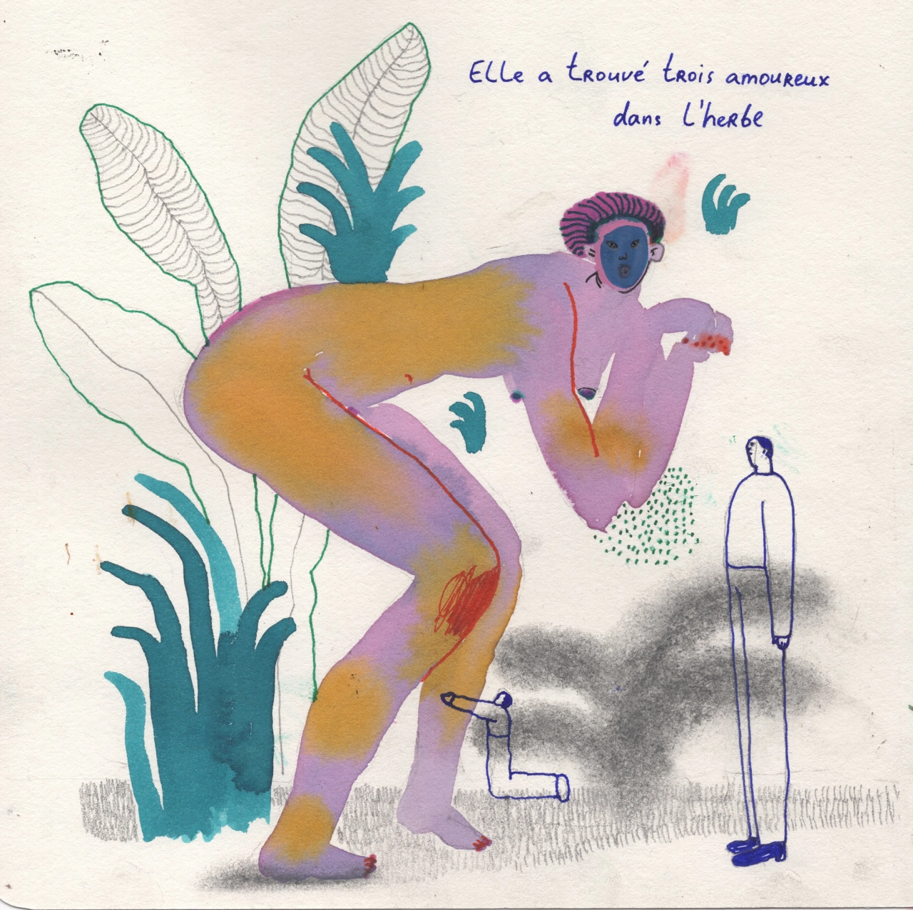 Illustration from Les Femmes sauvages showing a woman with purple skin and feathered wings crouching playfully amongst teal foliage, with a small figure standing nearby