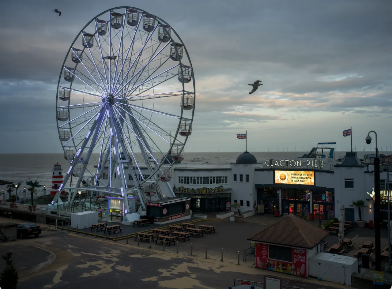 The Ferris wheel at Clacton Pier. Against the Tide, 2026. Photograph by Polly Braden