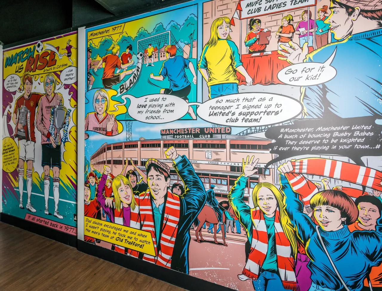 Cat Sims was commissioned to create a centrepiece comic-style artwork for Manchester United’s new exhibition, Watch Us Rise, at Old Trafford’s museum