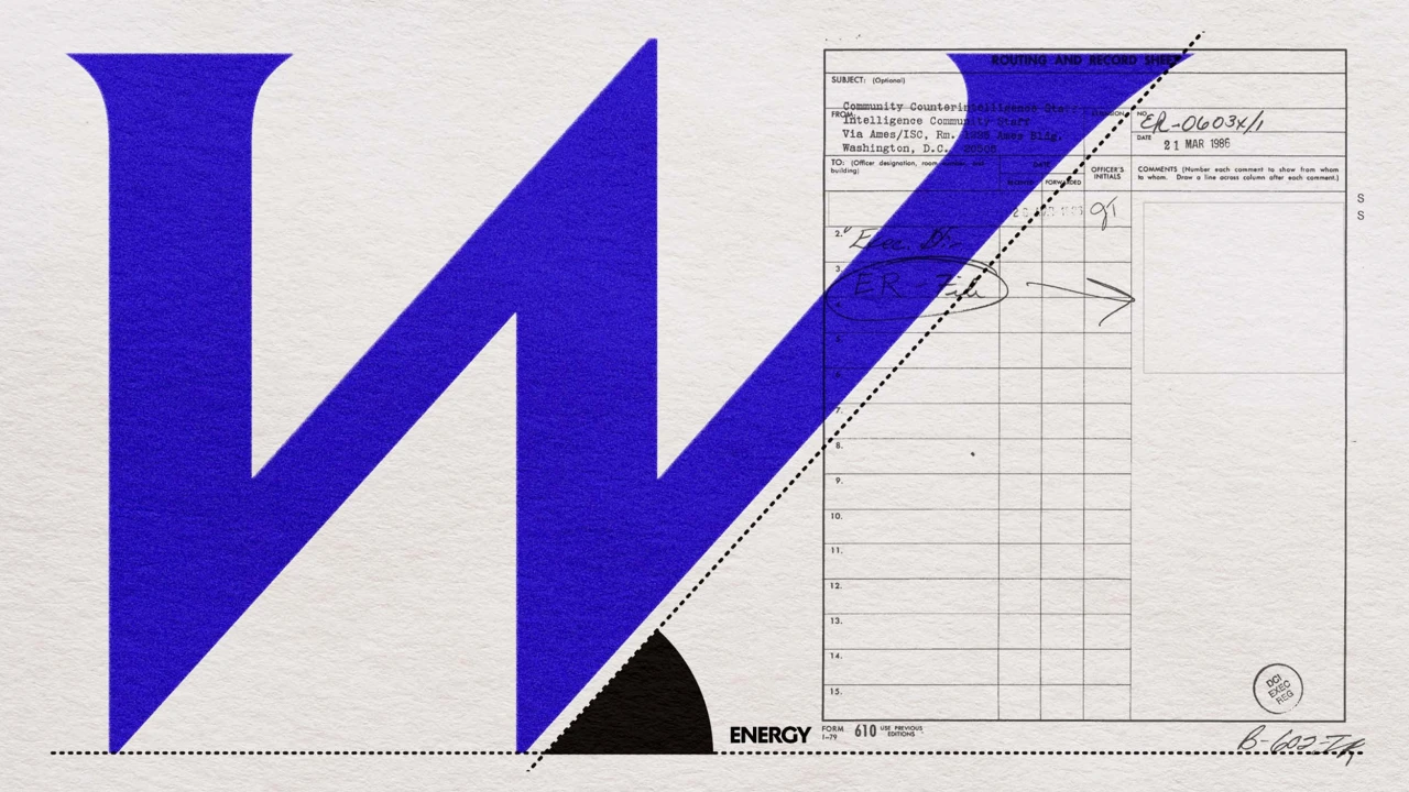 Blue W-shaped letterforms with overlaid technical drawings and data charts demonstrating White & Case's new kinetic visual identity system