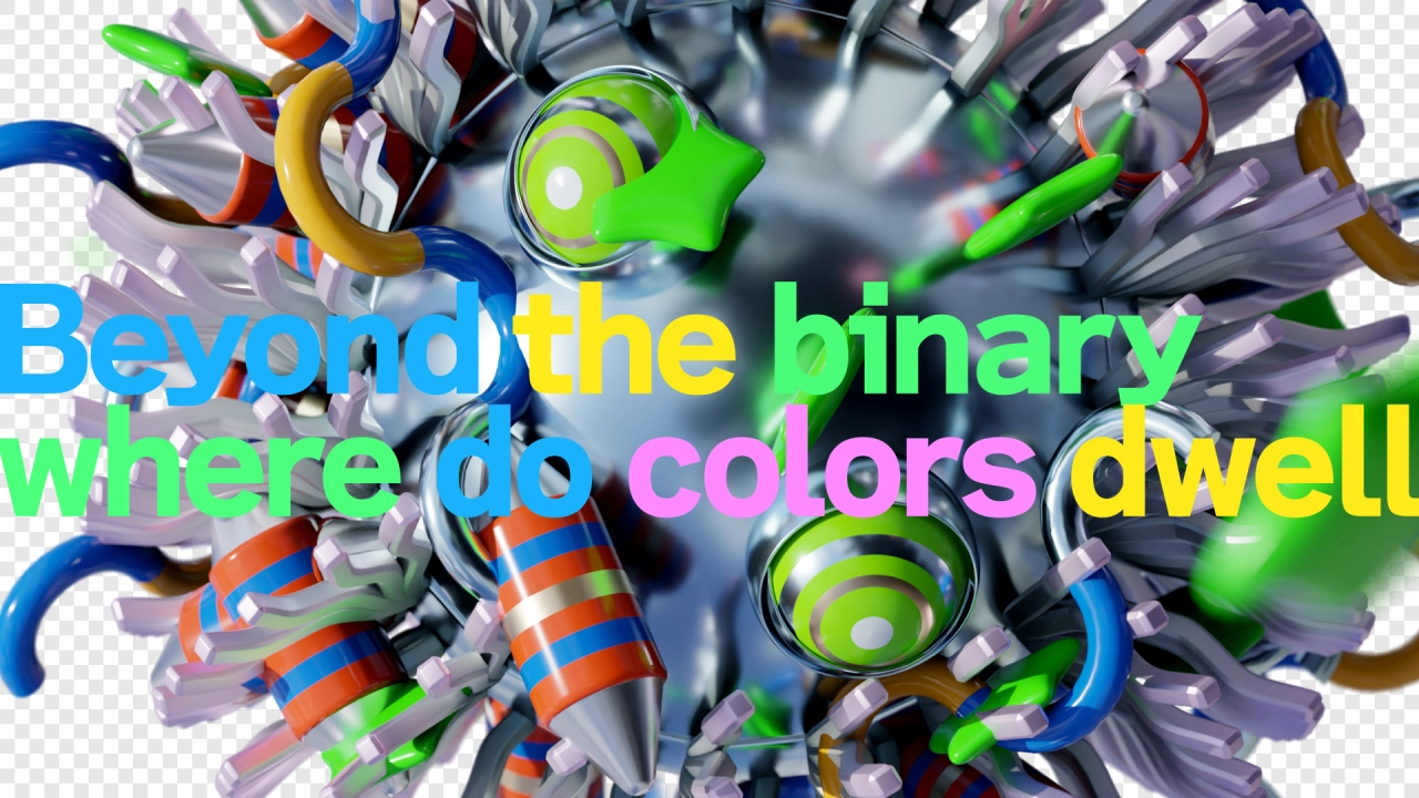 Colourful 3D-rendered objects including green and blue spheres, orange and blue striped cylindrical forms and purple geometric shapes arranged radially around multicoloured text reading "Beyond the binary Where do colors dwell