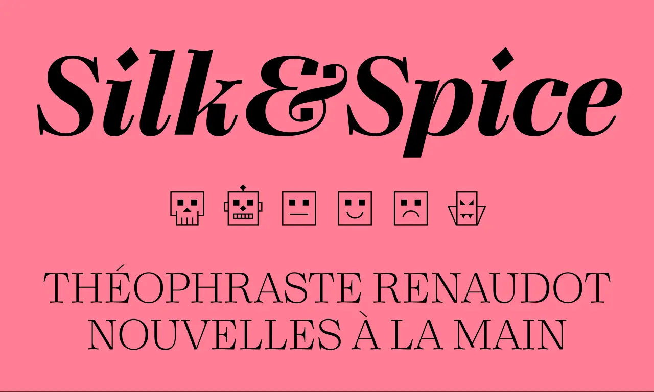 Silk&Spice font display showing black serif typeface on bright pink background with pixelated emoticon characters and French text below
