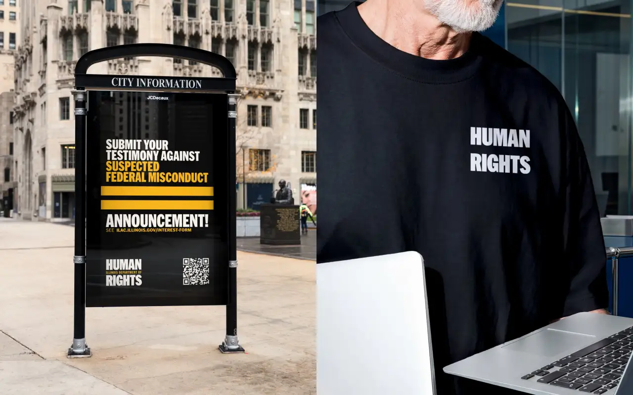 Left: street kiosk with black background displaying announcement about submitting testimony against suspected federal misconduct with Human Rights logo; right: man wearing black sweatshirt printed with white Human Rights text sitting at laptop