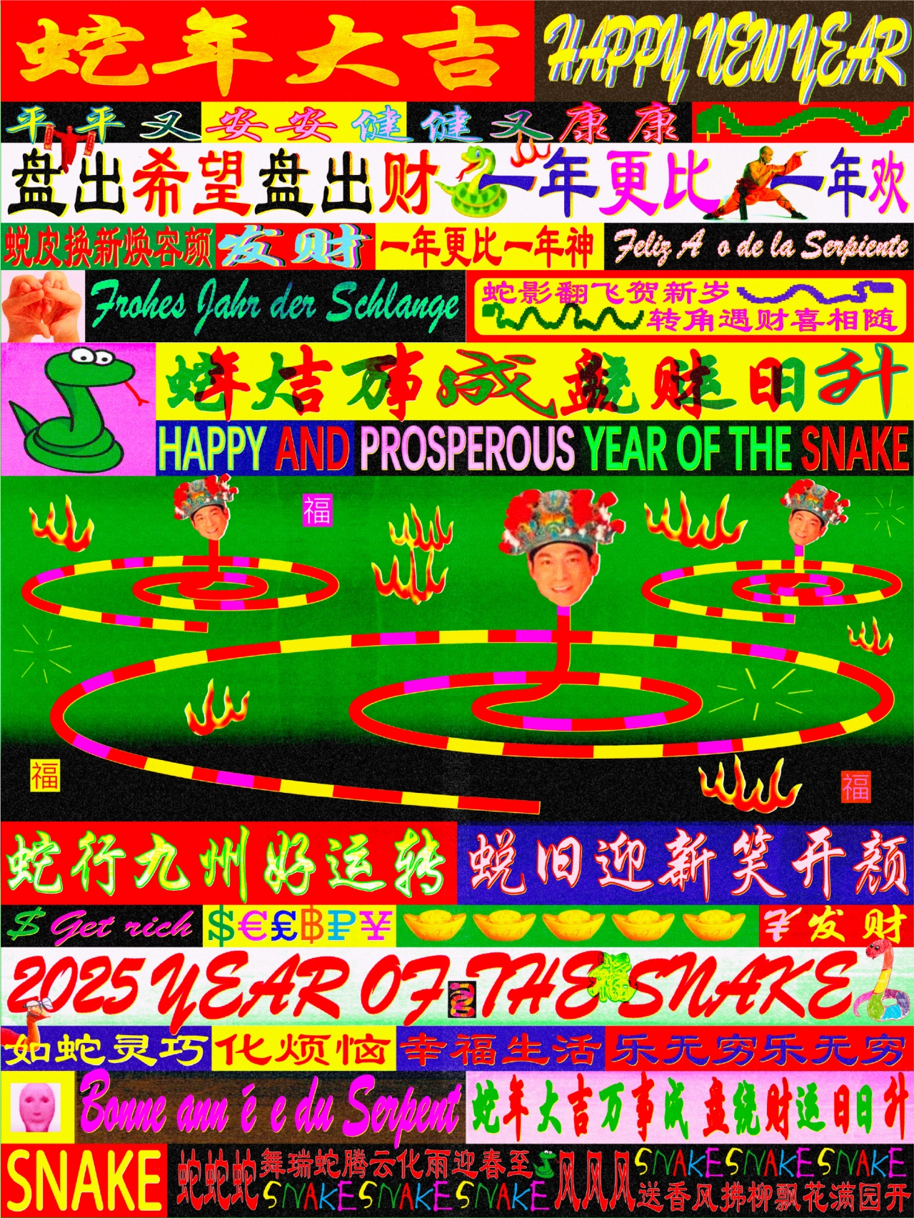Colourful graphic illustration celebrating Chinese New Year 2025 with a stylised figure surrounded by snakes and text in multiple languages and colours