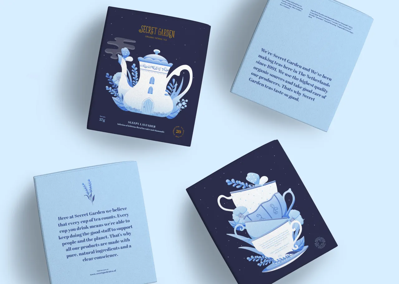 Four pages of Secret Garden tea brand packaging featuring Noa Maller's illustrations of teapots and cups with blue florals on dark navy and light blue covers