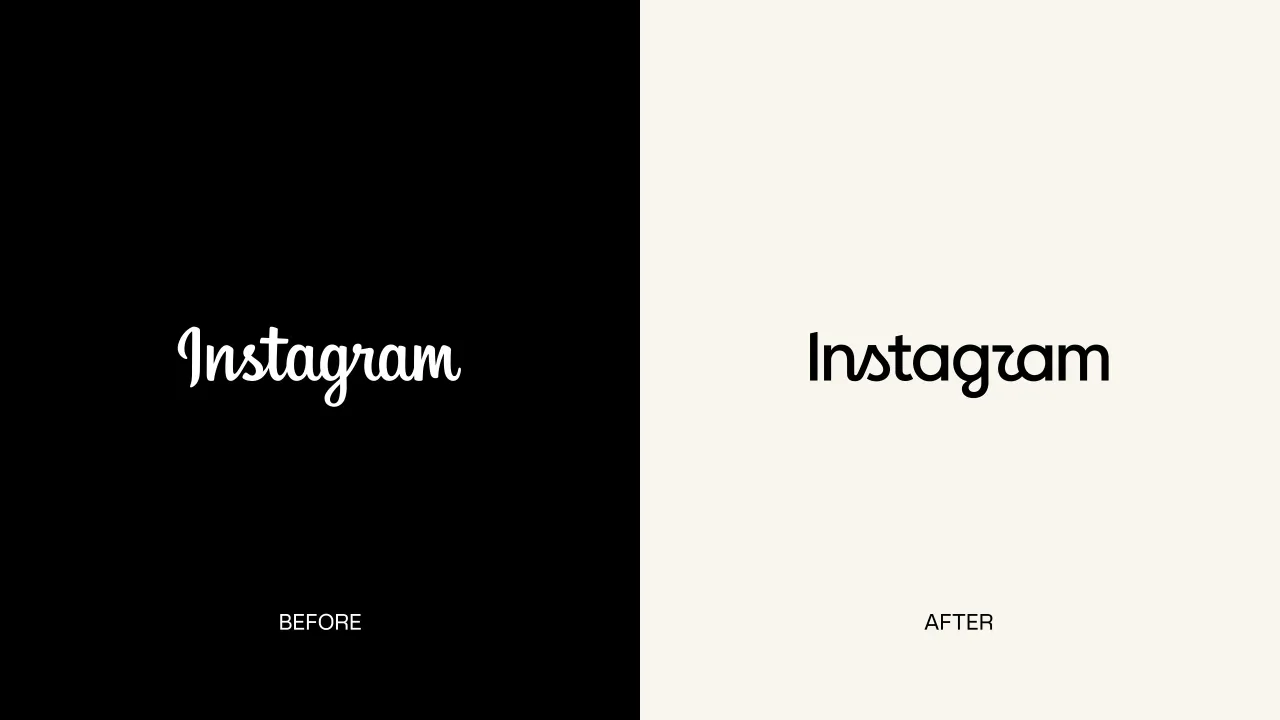 Comparison showing Instagram's previous cursive wordmark on black background labelled "Before" and the refreshed straighter script wordmark on cream background labelled "After