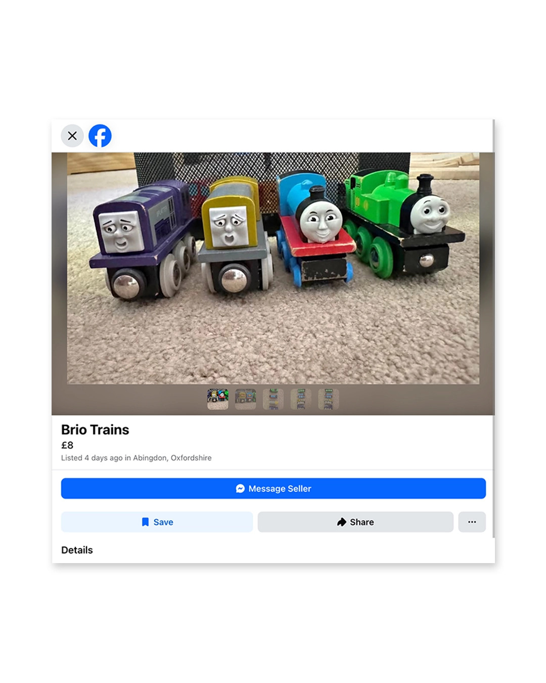 Four Brio Trains wooden toy locomotives in navy, yellow, red and green arranged in a row on a carpeted surface, listed for £8 on Facebook Marketplace