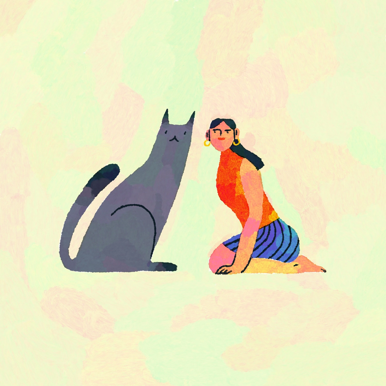 Illustration of a person in colourful clothing kneeling beside a grey cat, both gazing at each other against a pale yellow-green background