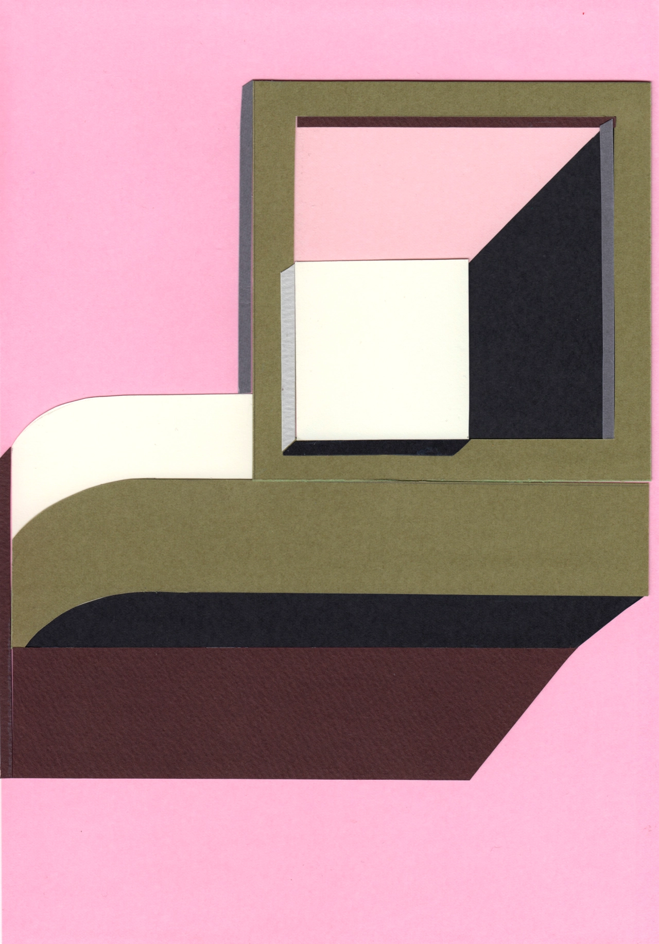 Abstract geometric paper collage with overlapping rectangular and curved shapes in olive, cream, black and burgundy tones against a pink background