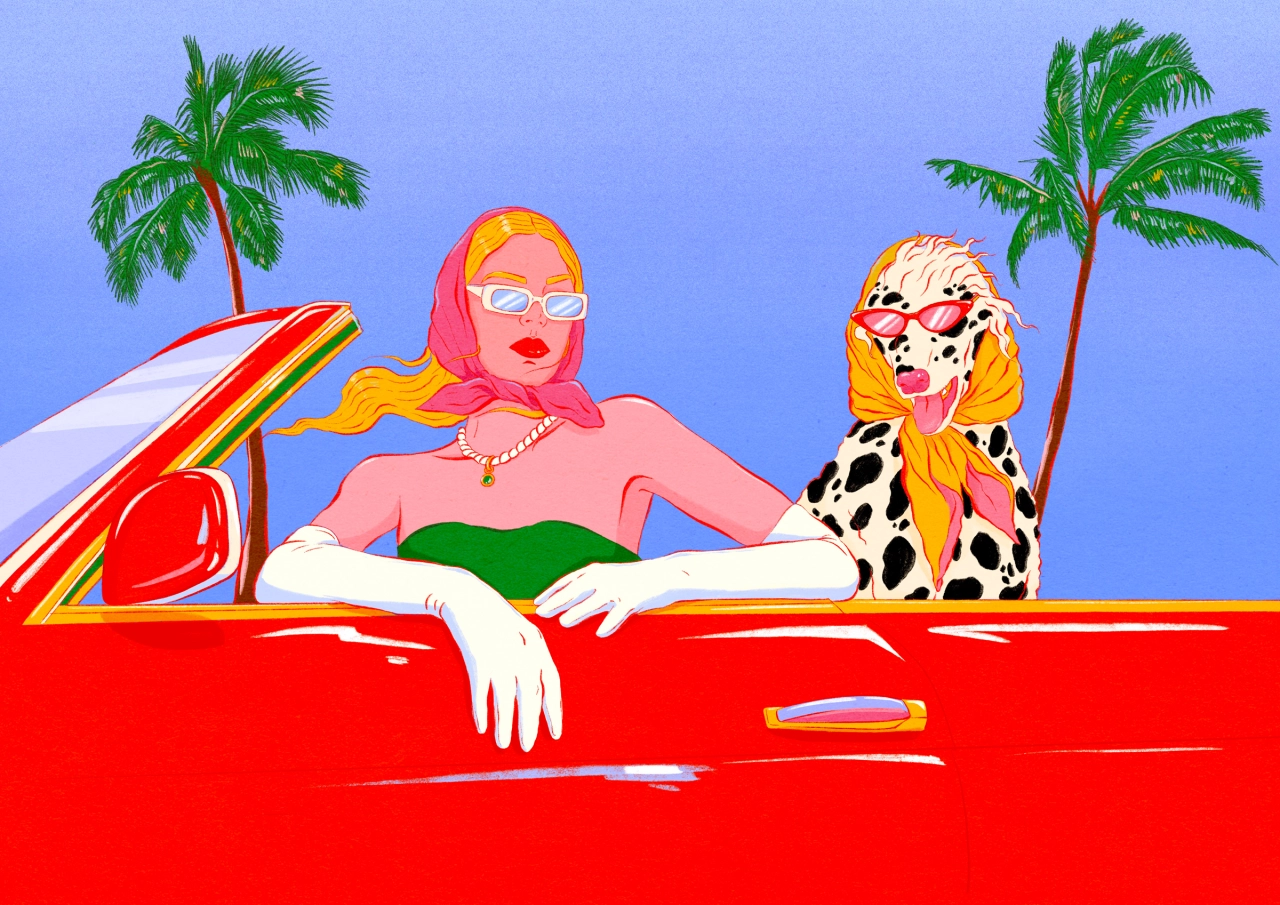 Illustration of a woman in a red convertible car wearing sunglasses and a pink headscarf, with a dalmatian dog beside her, palm trees and blue sky in the background