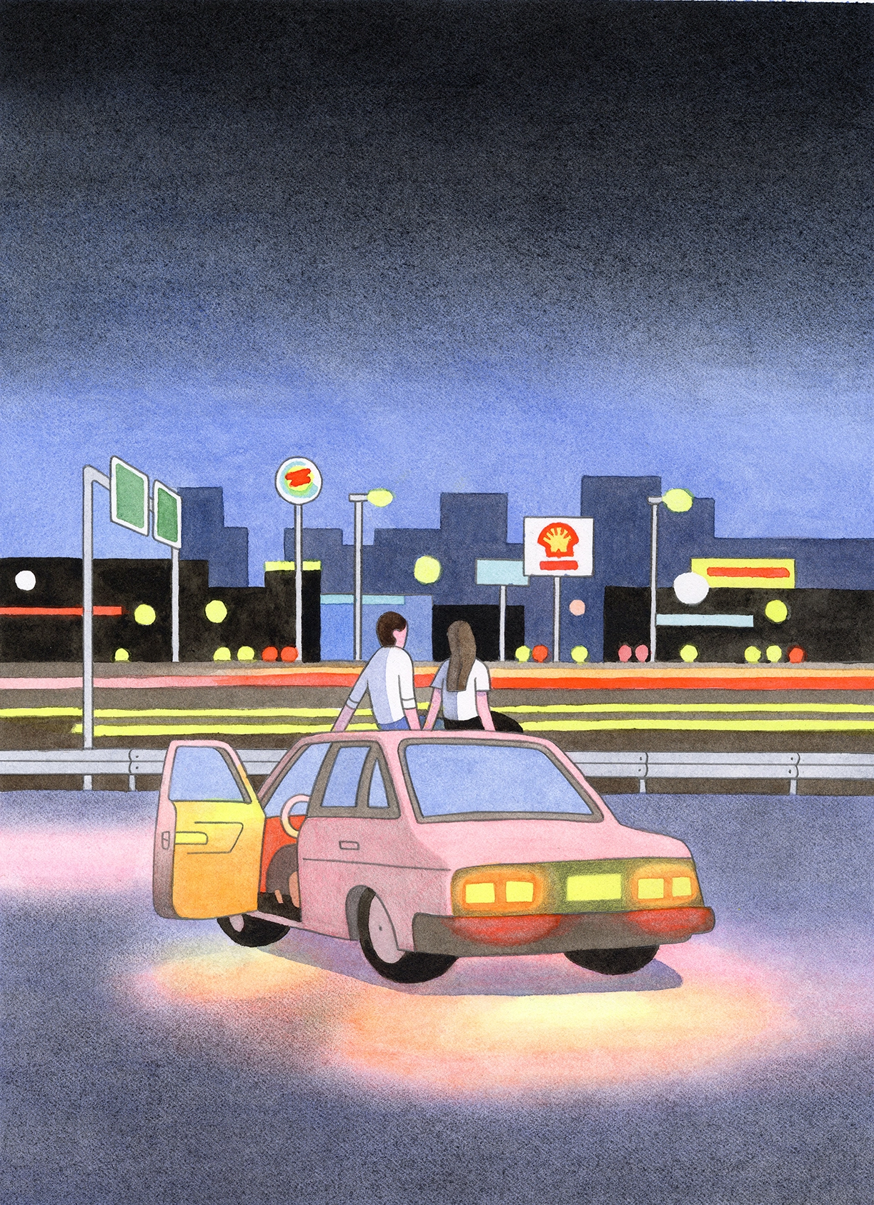 Two figures stand on top of a pink car parked at a service station at dusk, with a neon-lit cityscape and highway in the background