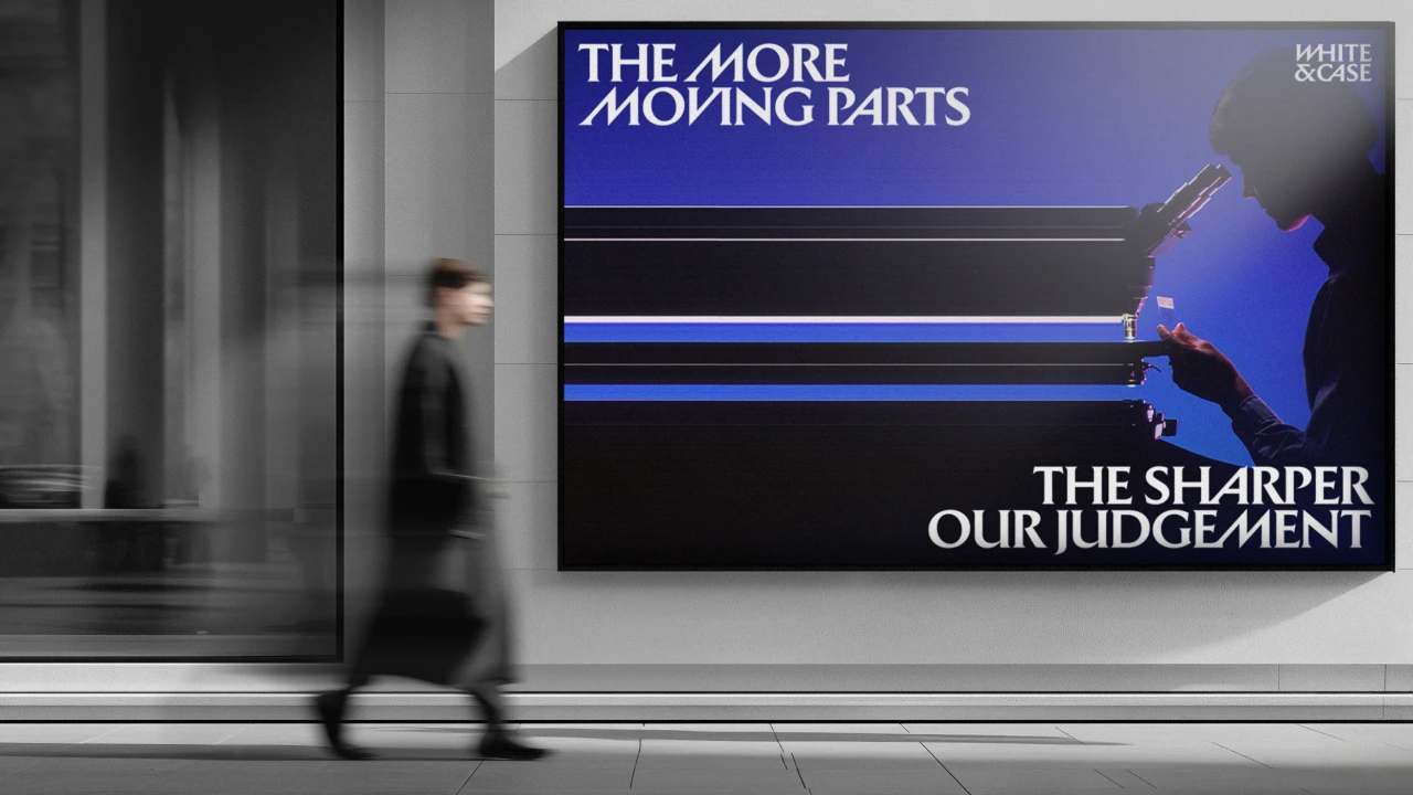 A blurred figure walks past a billboard displaying White & Case's rebrand with the tagline "The More Moving Parts, The Sharper Our Judgement" in Catalyst Blue and black typography