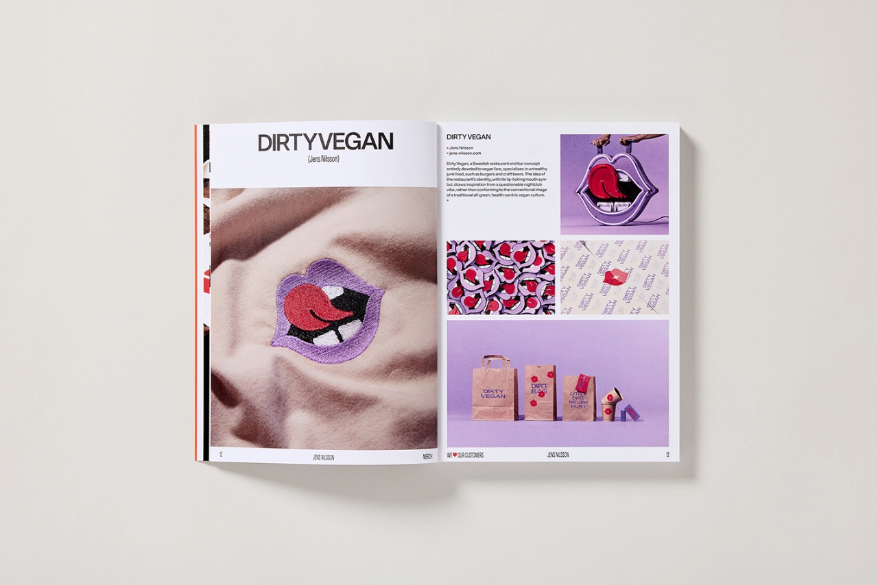 Open spread from Counter-Print's Merch book showing Dirty Vegan branding with vibrant purple eyeshadow and lip product packaging designs