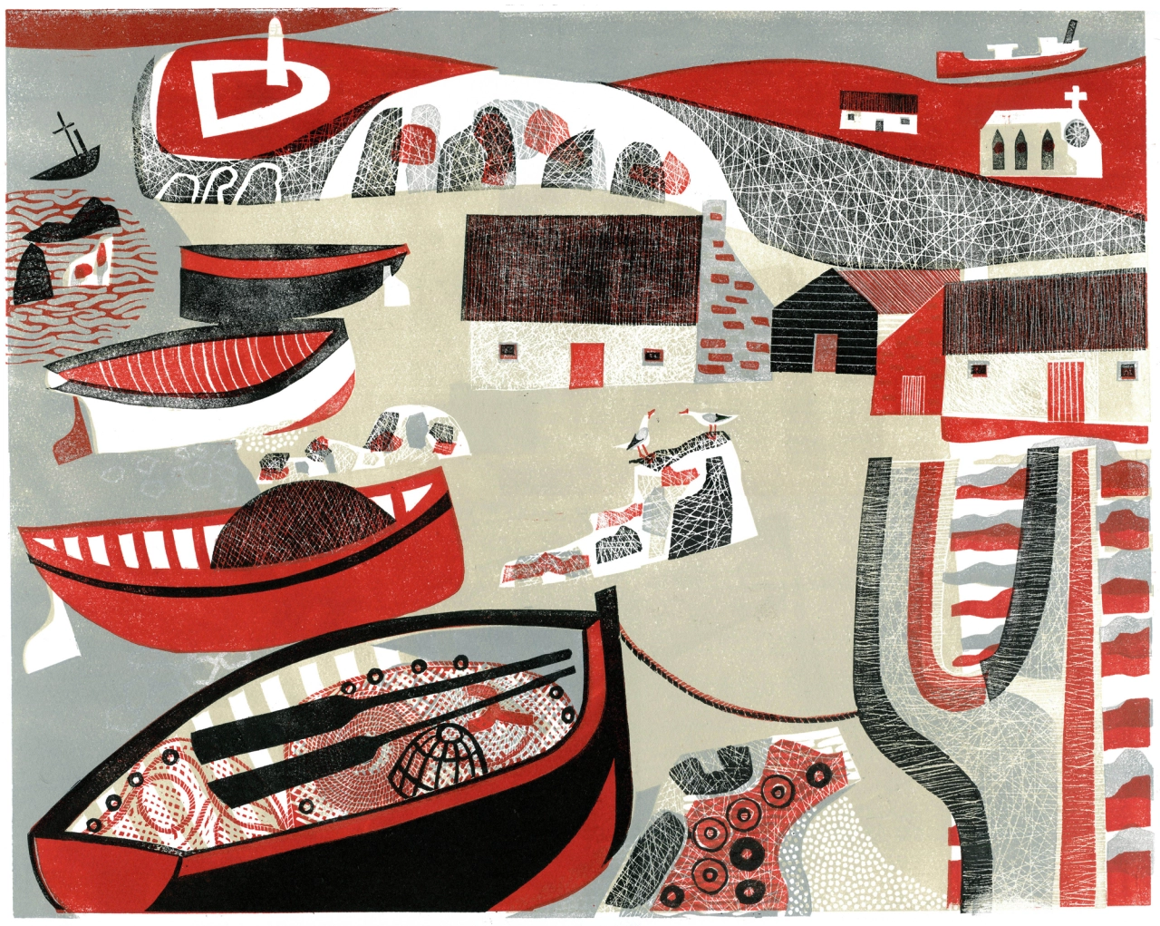 Melvyn Evans, Boats, Lighthouse and Church, 2019. Courtesy the artist