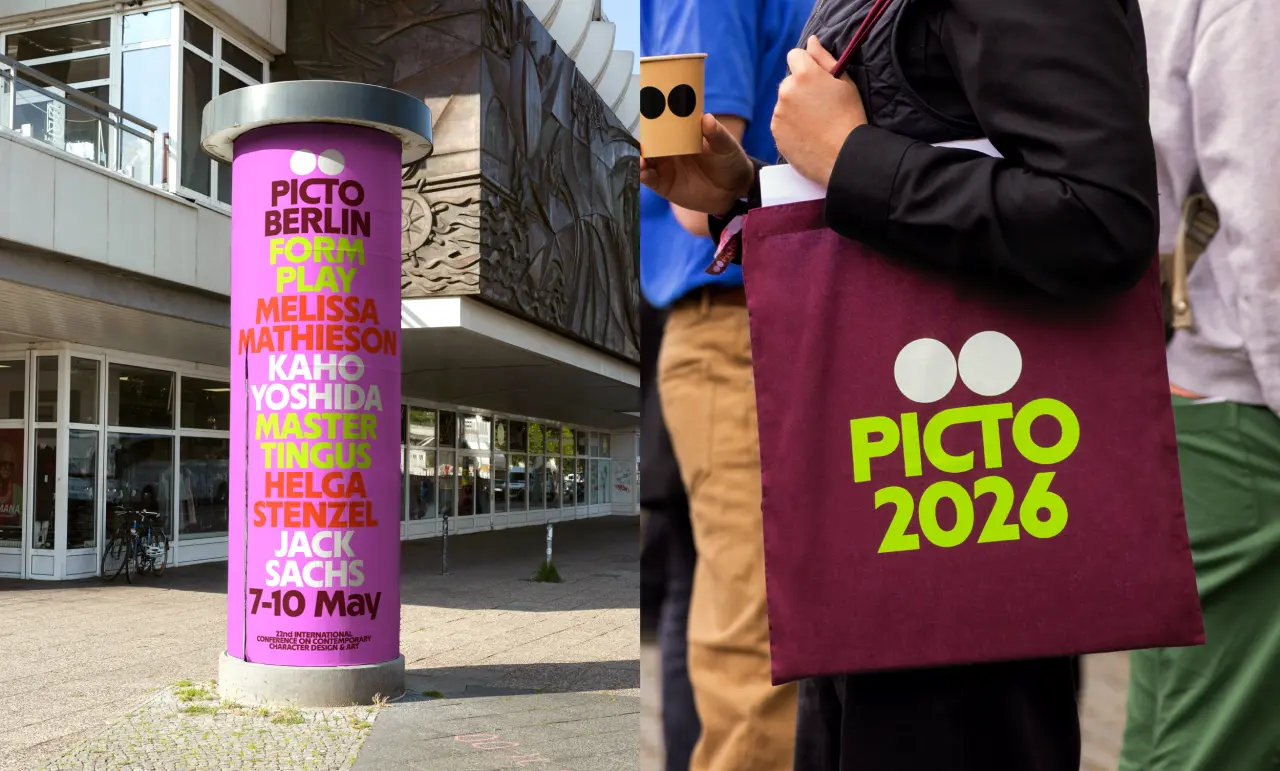 Pink cylindrical banner displaying Picto Berlin festival details outside a building, and maroon tote bag with lime green Picto 2026 logo held by a person at an event